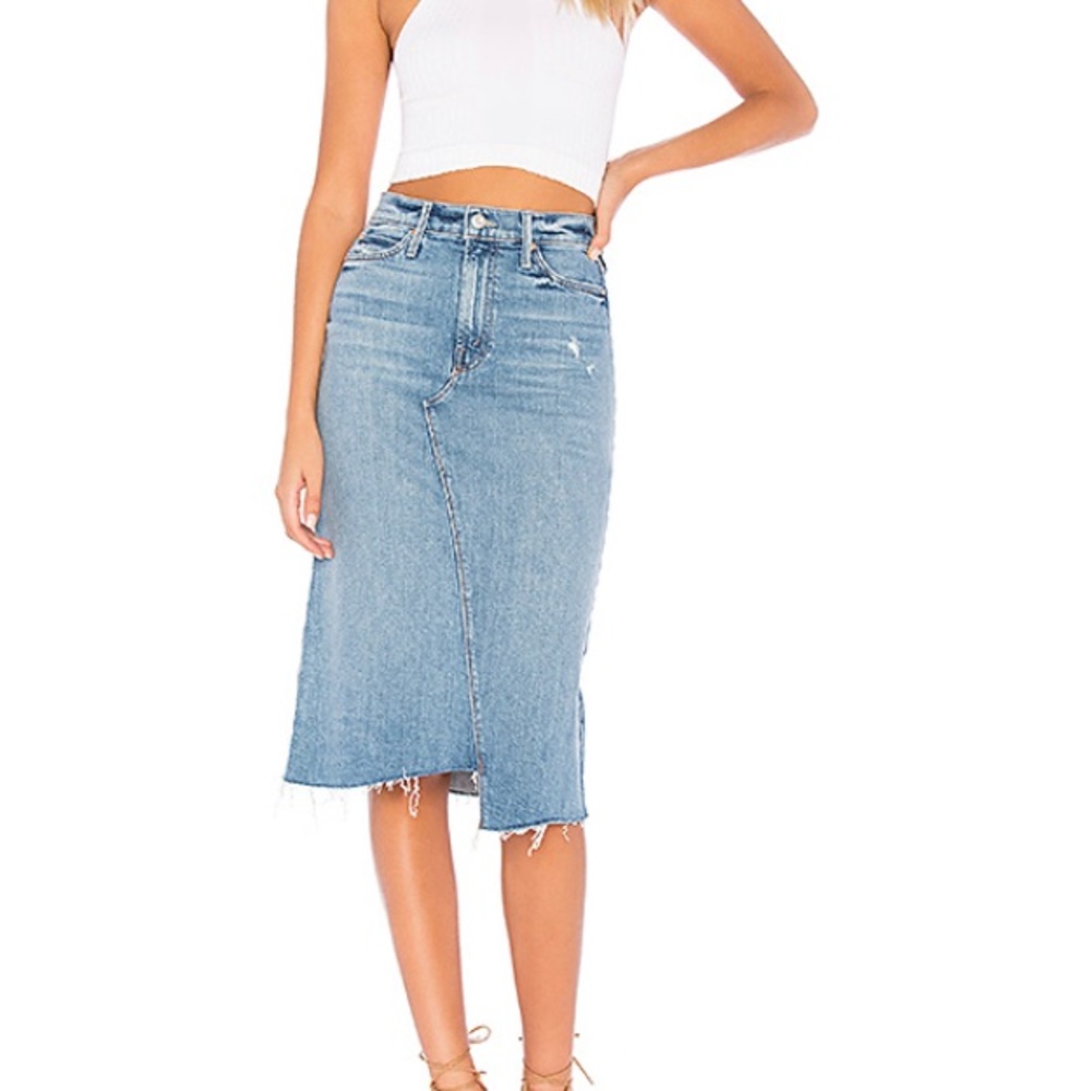 MOTHER The Straight A Step Midi Fray Skirt, denim
